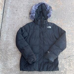 The North Face Charcoal Puffer Jacket with Faux Fur Trim